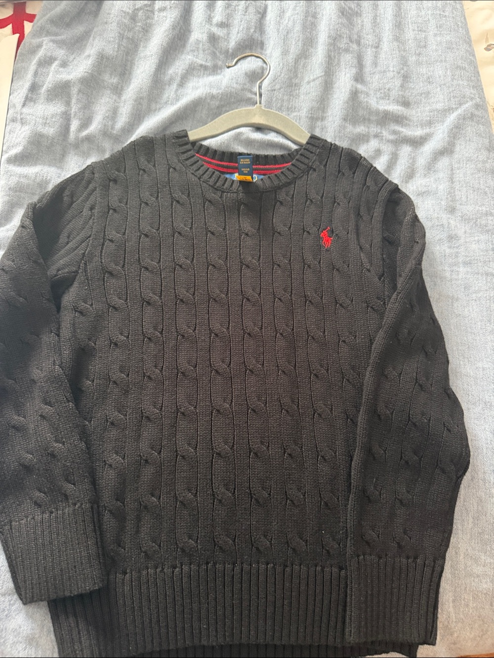 Polo by Ralph Lauren Black Cable-Knit Crewneck Sweater with Red Pony